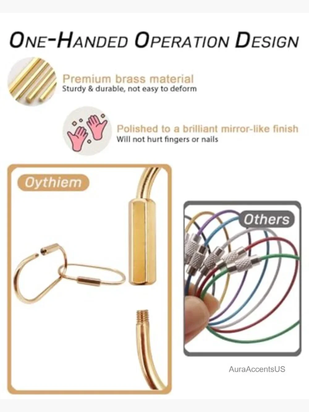 10 Pack Gold Brass Keychains with Carabiner Clip Secure Locking Screw Design